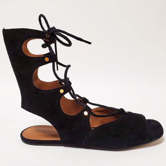 CHLOE SHOES SUEDE LEATHER MID CALF GLADIATOR FOSTER SANDALS sz IT 38 7 US - Picture 6 of 10